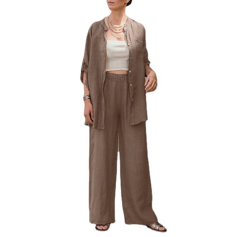 2-piece set shirt and high-waisted loose trousers